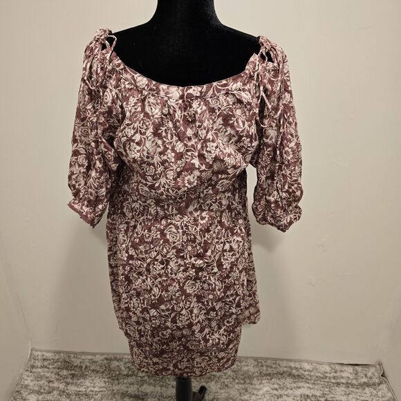Olivaceous Boho Floral Short Puff Sleeve Mini Baby Doll Dress Maroon Size Medium - Picture 8 of 12